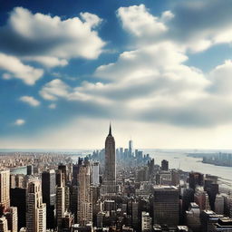 A realistic panoramic HD image of New York City, but with the Christ the Redeemer statue in place of the Statue of Liberty.