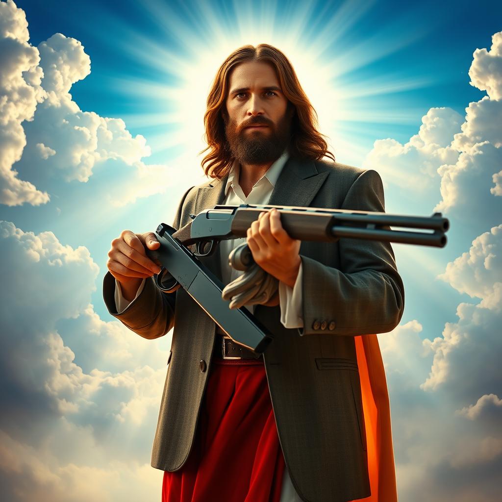 A majestic depiction of Jesus Christ, wearing a stylish and modern suit, boldly holding a shotgun