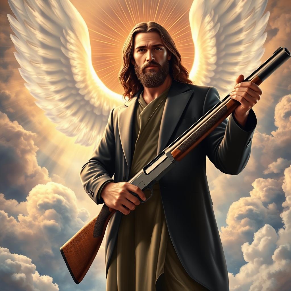 A powerful depiction of Jesus Christ wearing a sleek, modern suit, confidently holding a shotgun