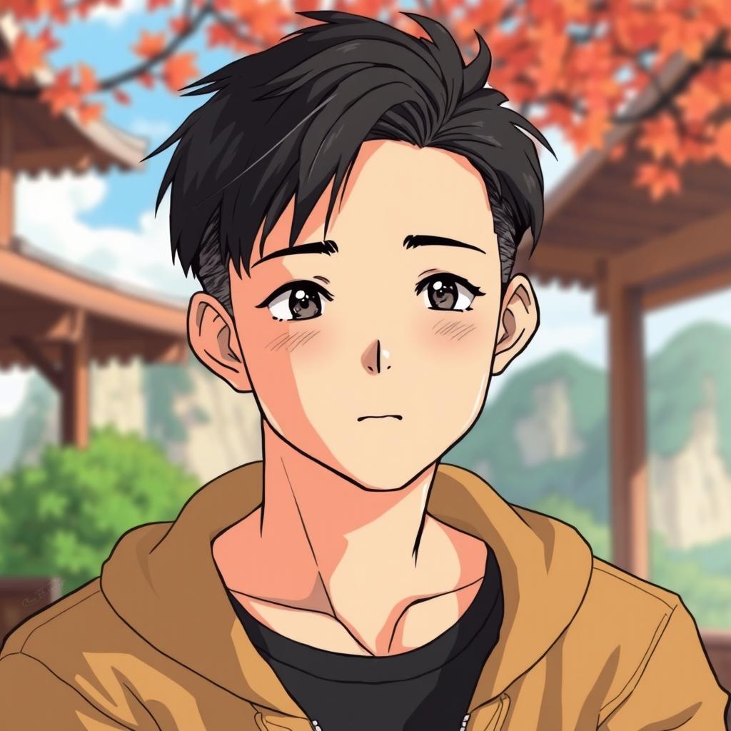 An anime man with short textured black hair styled in a mid fade haircut, depicted in a hand-drawn style