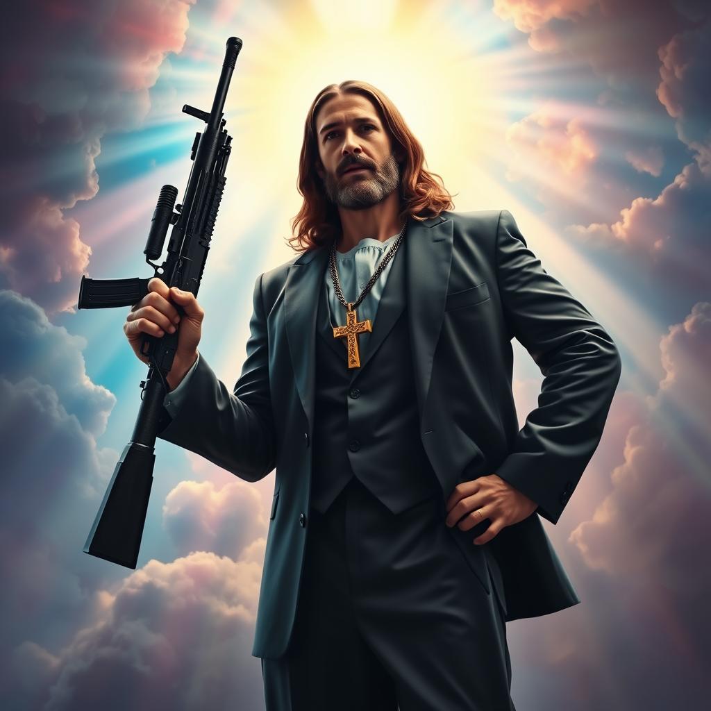 An artistic depiction of Jesus dressed in a sharp, modern suit, confidently holding an assault rifle