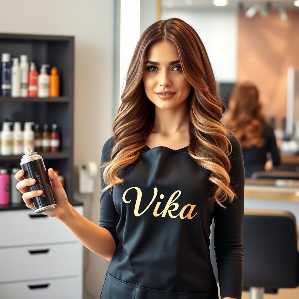 A hairdresser in an elegant black apron with the inscription 'Vika' designed in a stylish font, showcasing beautiful brown hair highlighted with lighter shades, confidently holding a can of hair spray in one hand