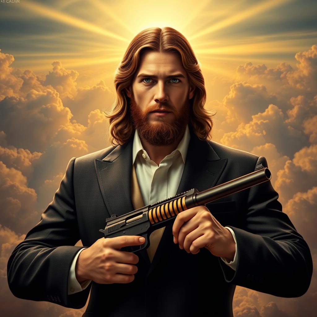 A powerful depiction of Jesus Christ dressed in a sharp, tailored suit, confidently holding a vintage Tommy gun