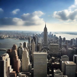 A realistic panoramic HD image of New York City, but with the Christ the Redeemer statue in place of the Statue of Liberty.