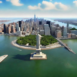 A realistic panoramic HD image of New York City, but with the Christ the Redeemer statue in place of the Statue of Liberty.