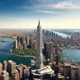 A realistic panoramic HD image of New York City, but with the Christ the Redeemer statue in place of the Statue of Liberty.