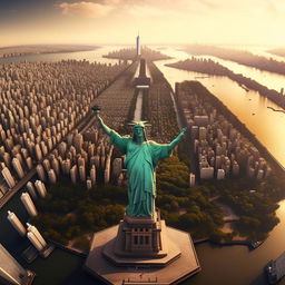 A hyper-realistic HD panoramic view from above of New York City, but with the Christ the Redeemer statue replacing the Statue of Liberty.