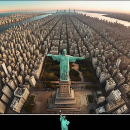 A hyper-realistic HD panoramic view from above of New York City, but with the Christ the Redeemer statue replacing the Statue of Liberty.