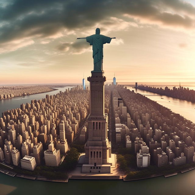 A hyper-realistic HD panoramic view from above of New York City, but with the Christ the Redeemer statue replacing the Statue of Liberty.