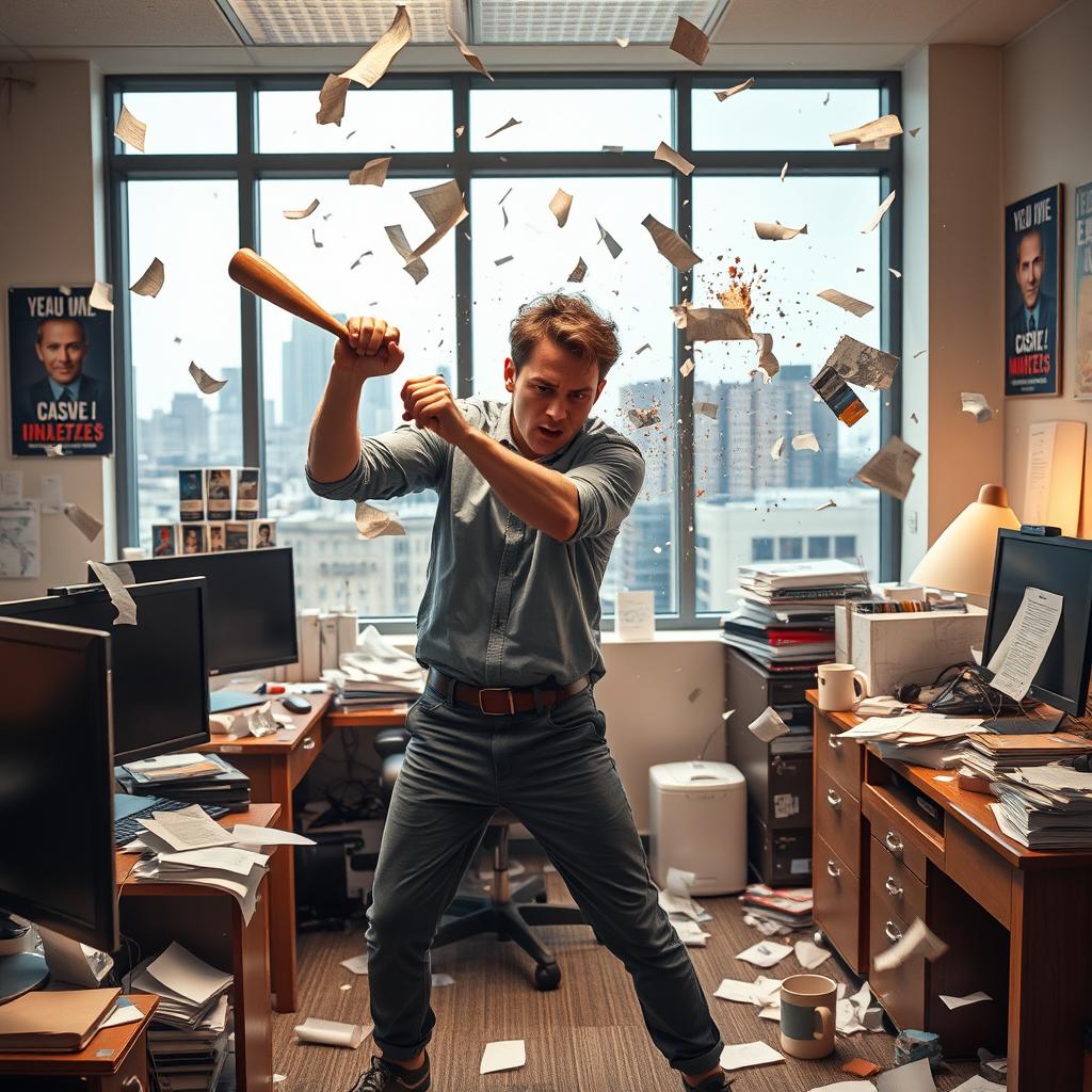 A young man wearing a casual outfit, intensely smashing everything in his office with a baseball bat