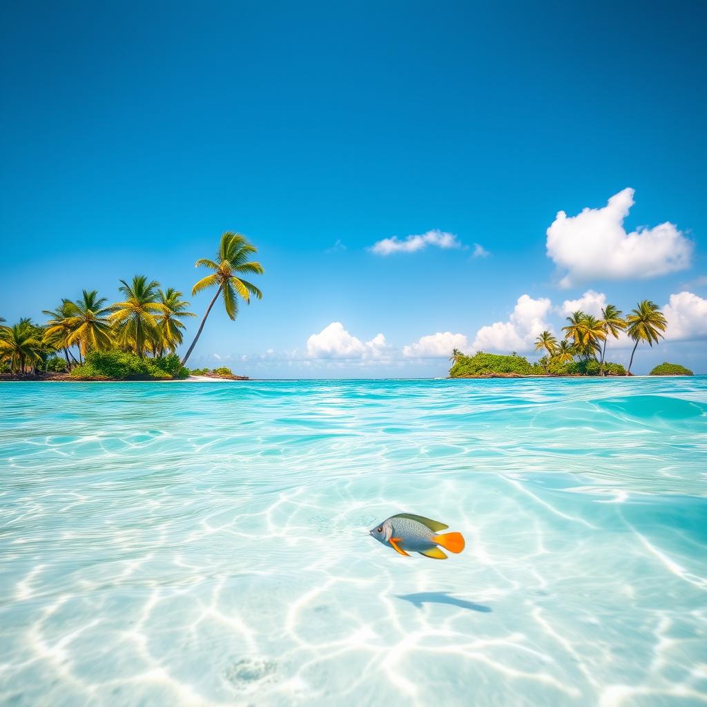 A stunning tropical seascape featuring crystal clear water in vibrant shades of blue and green, gently reflecting the sunlight