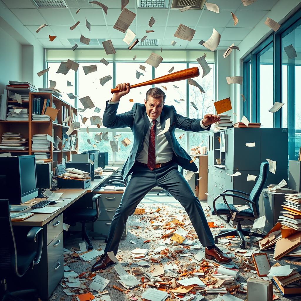 A man in a business suit, mid-action, smashing an entire office with a baseball bat