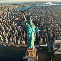 A hyper-realistic HD panoramic view from above of New York City, but with the Christ the Redeemer statue replacing the Statue of Liberty.