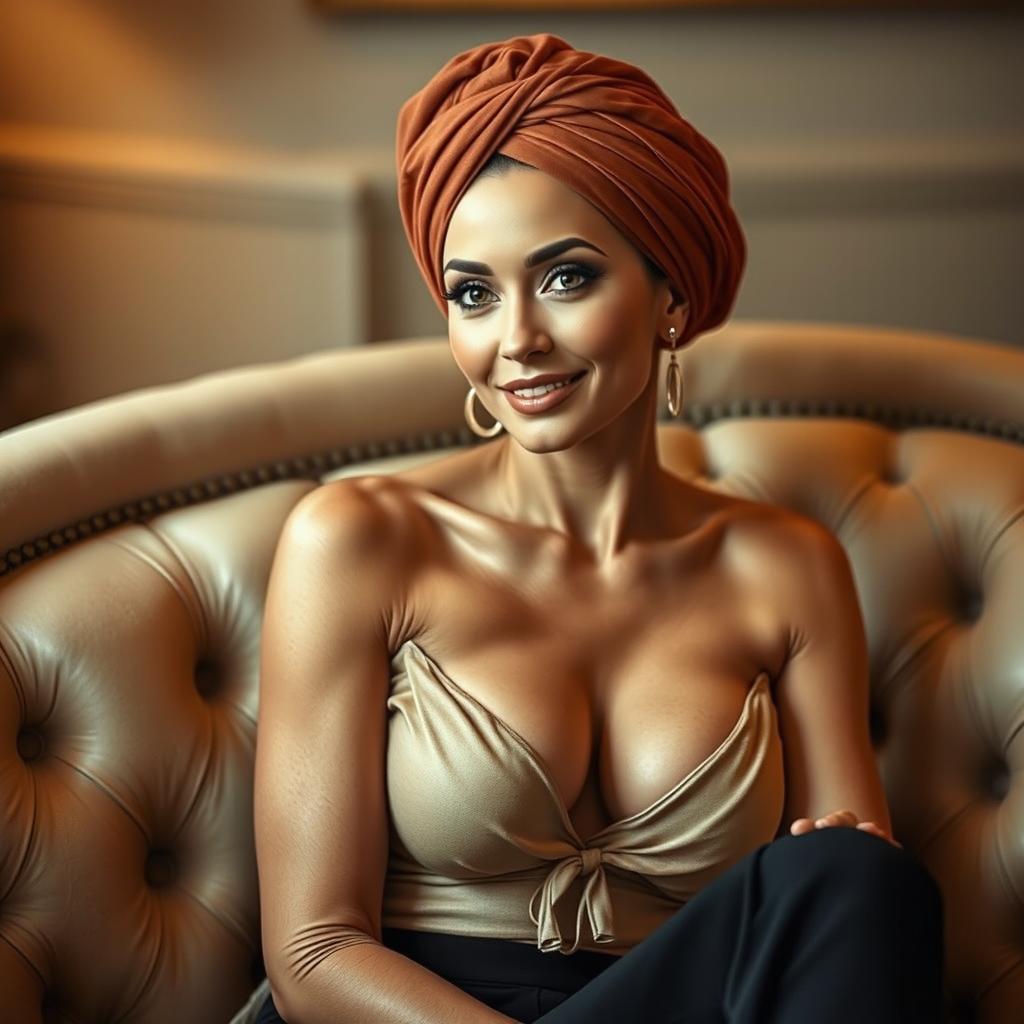 A beautiful, mature woman wearing a stylish turban, seated comfortably on a luxurious couch