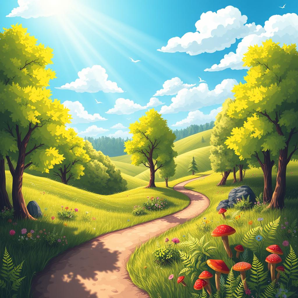 A cheerful woodland scene featuring vibrant green trees with sunlight filtering through the leaves