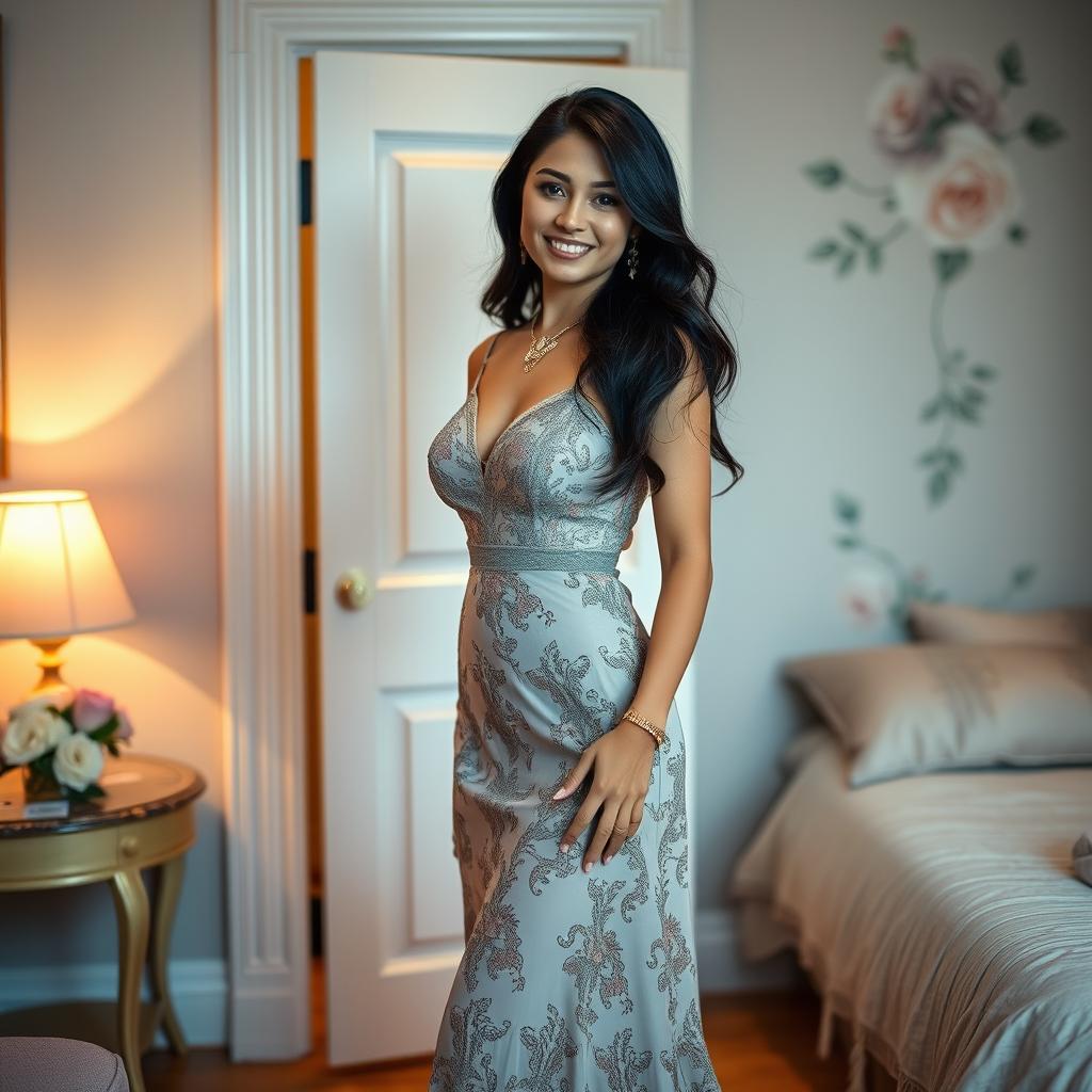 A full-length portrait of an attractive woman standing elegantly at a bedroom door, showcasing her stylish outfit