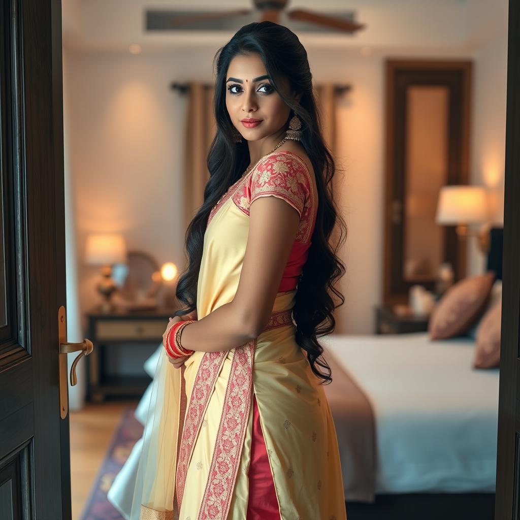 A stunning full-length portrait of Kajal Raghwani standing elegantly at the bedroom door, wearing a beautiful traditional outfit that highlights her graceful figure