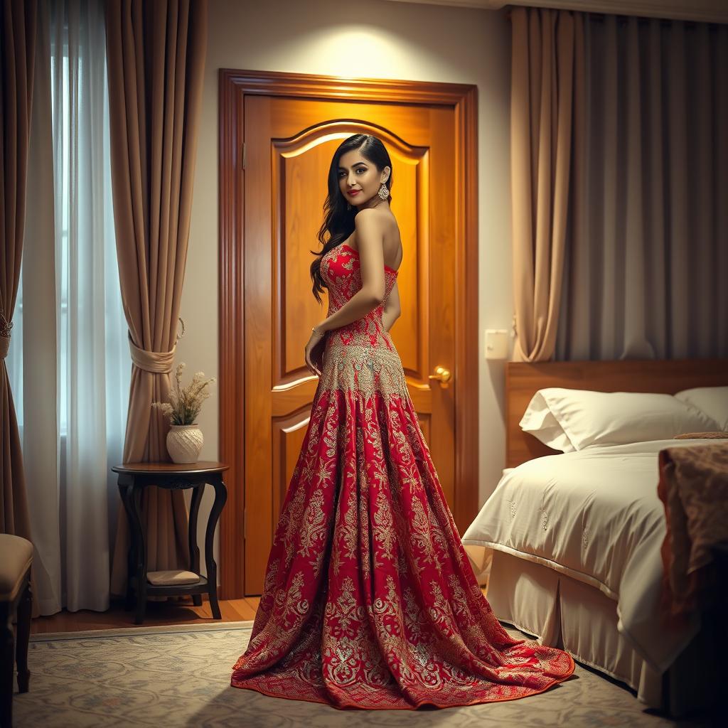 A beautiful woman resembling Kajal Raghwani, elegantly dressed in a stunning full-length gown, standing gracefully by a soft, wooden bedroom door