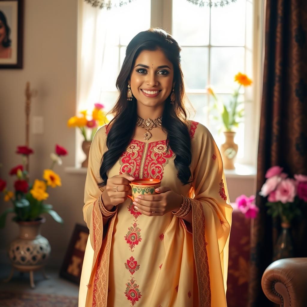 A beautiful South Asian woman in a traditional outfit, elegantly styled with intricate embroidery, standing in a cozy home environment