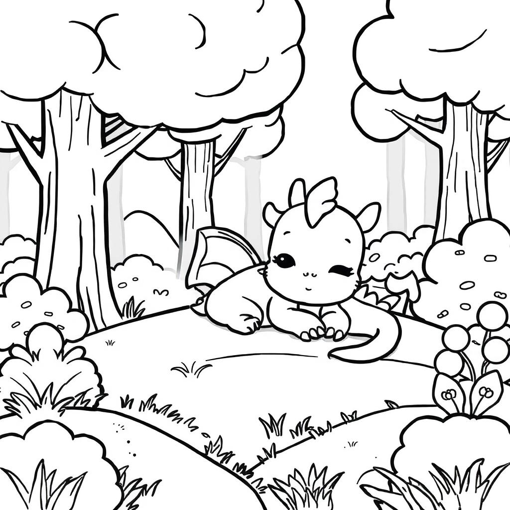 A cute baby dragon peacefully sleeping in a forest