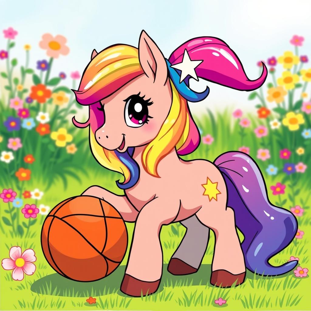 A colorful, playful pony with a shiny coat, featuring a distinctive star-shaped marking on her neck