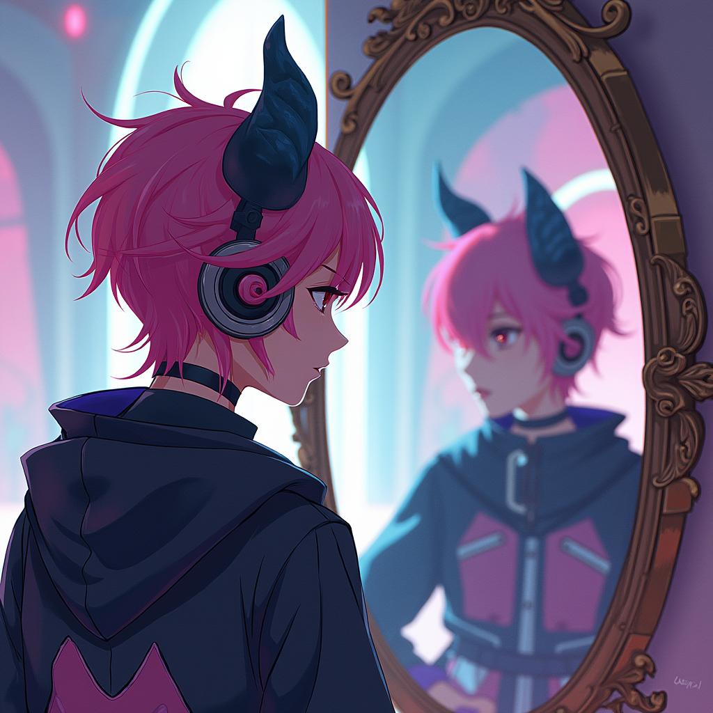 A detailed illustration of Xenon from the game 'Cytus II' gazing into a mirror