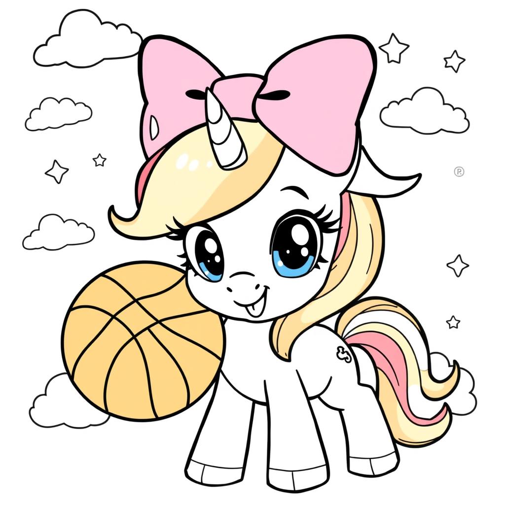A cute, cartoon-style pony holding a basketball with a large bow on its head, designed for a coloring book