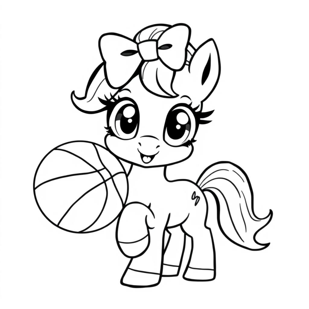 A cute pony character with a basketball, wearing a bow on its head