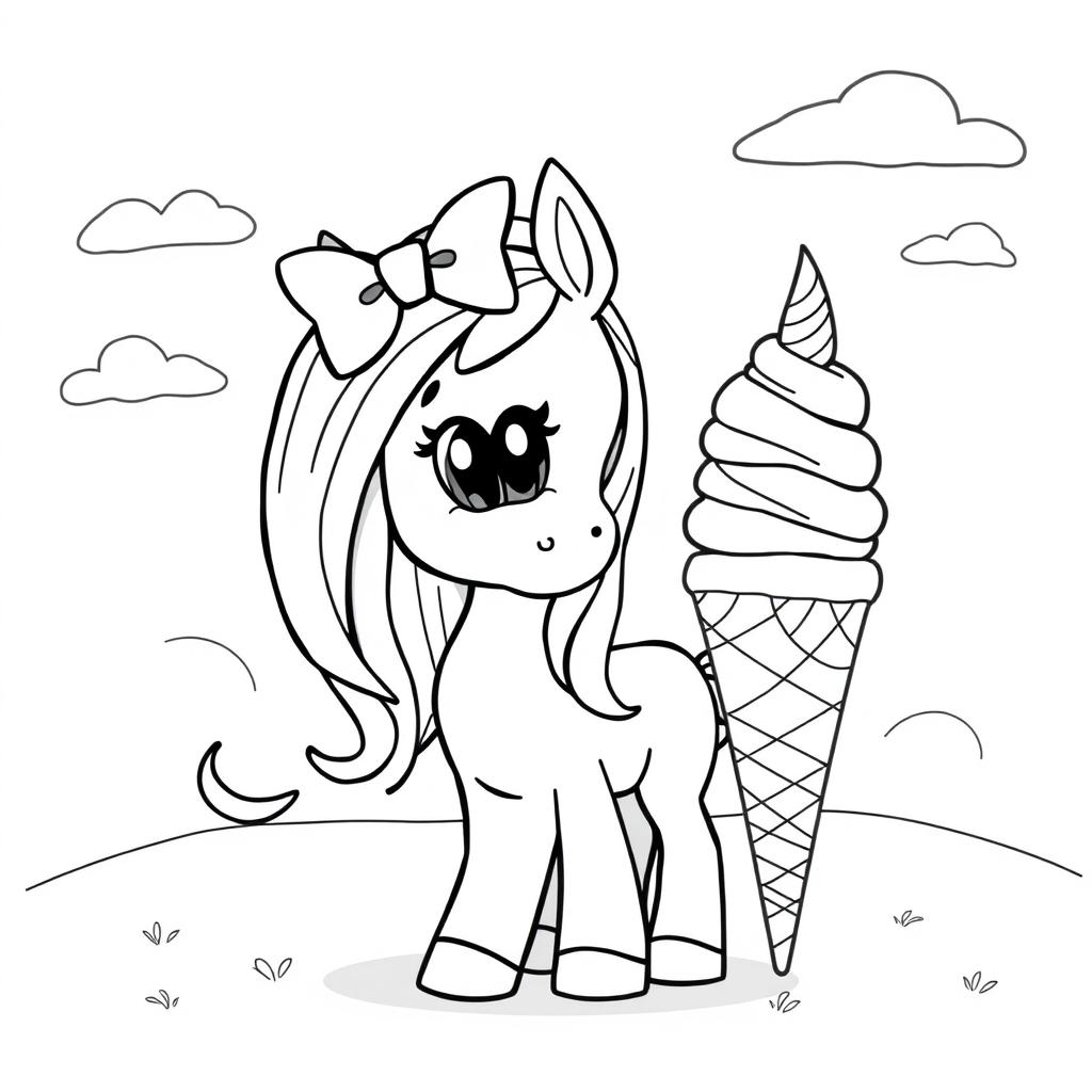 A cute pony with a big ice cream cone standing beside it, adorned with a large bow on its head