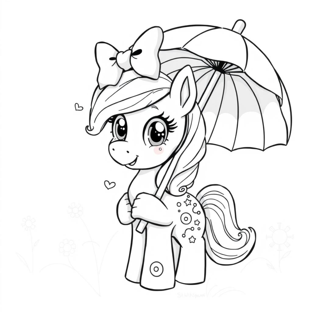 A whimsical black and white illustration of a cute pony holding a colorful umbrella, adorned with a large bow on its head