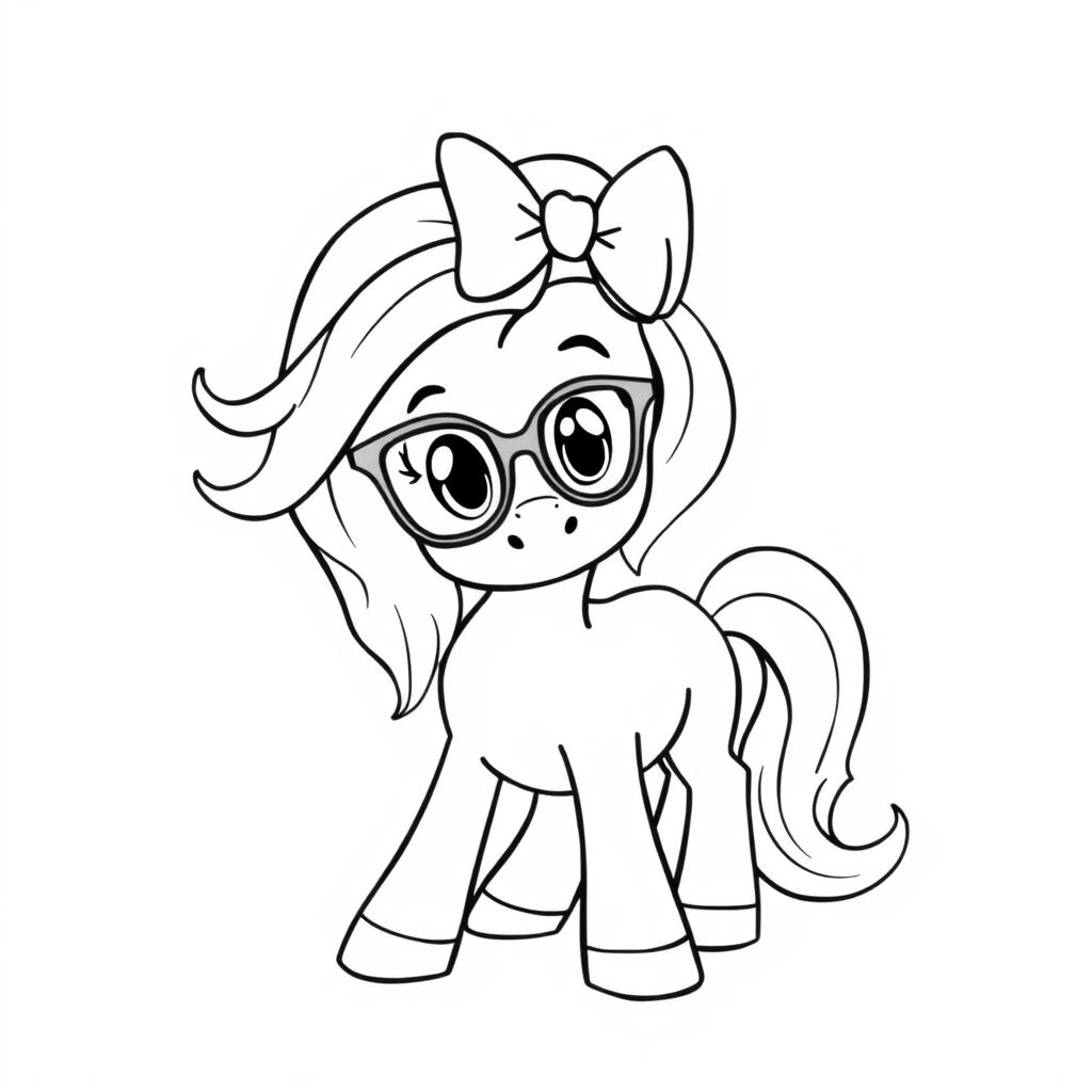 A cute cartoon pony with stylish glasses and a big bow on its head, designed specifically for a coloring page