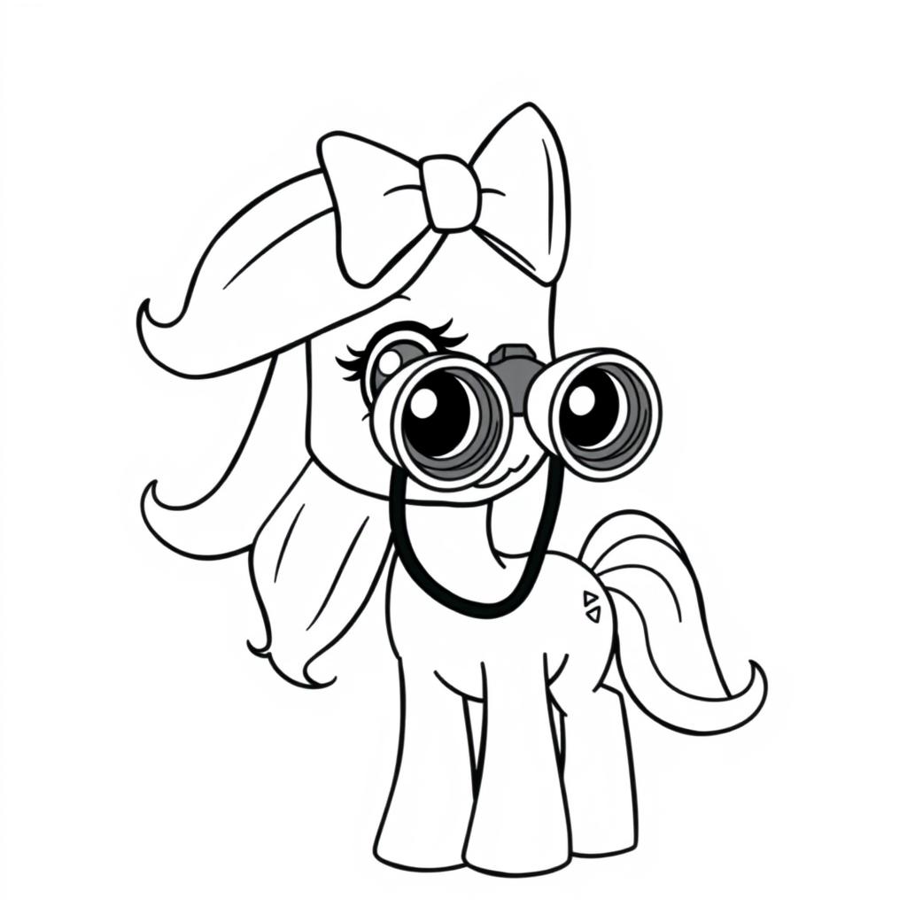 A cute pony character designed for coloring, featuring a pair of binoculars, with a big bow on its head