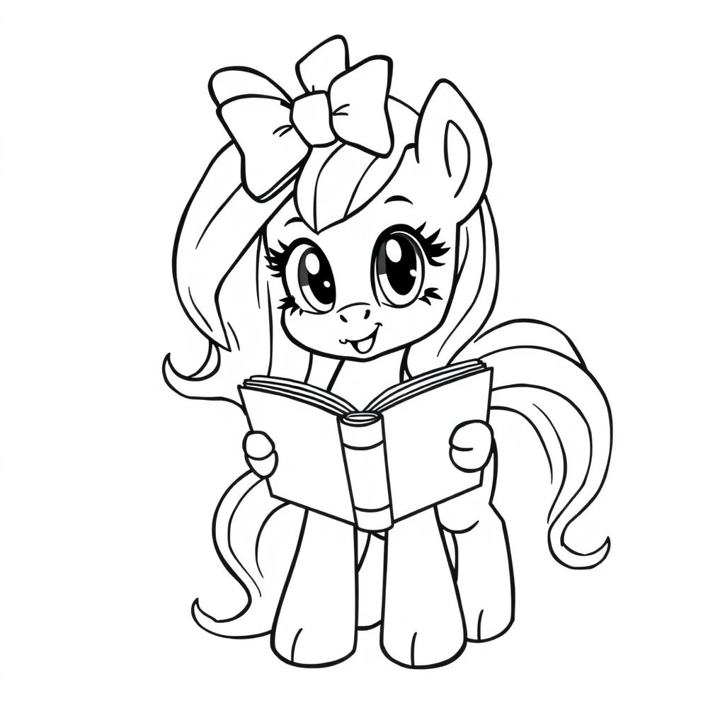 A cartoon pony with a cute expression, holding an open book in its hooves, featuring a large, colorful bow on its head