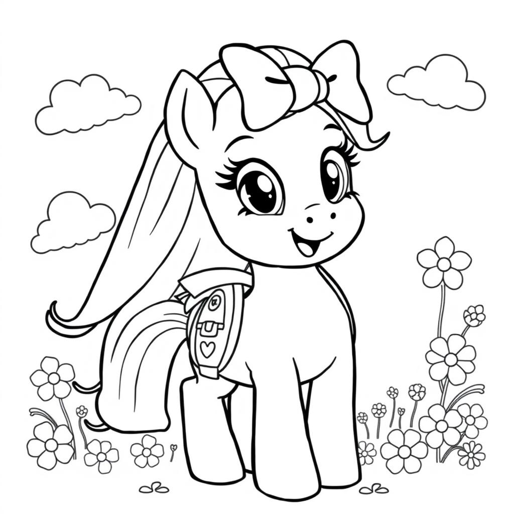 A black and white coloring page of a cute pony with a backpack and a bow on its head