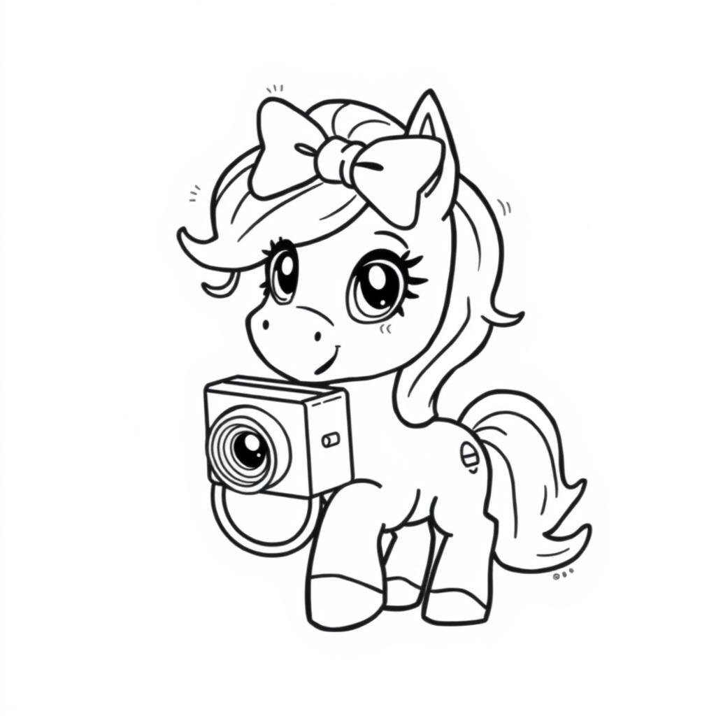 A cute cartoon pony with a camera, wearing a big bow on its head, designed for coloring