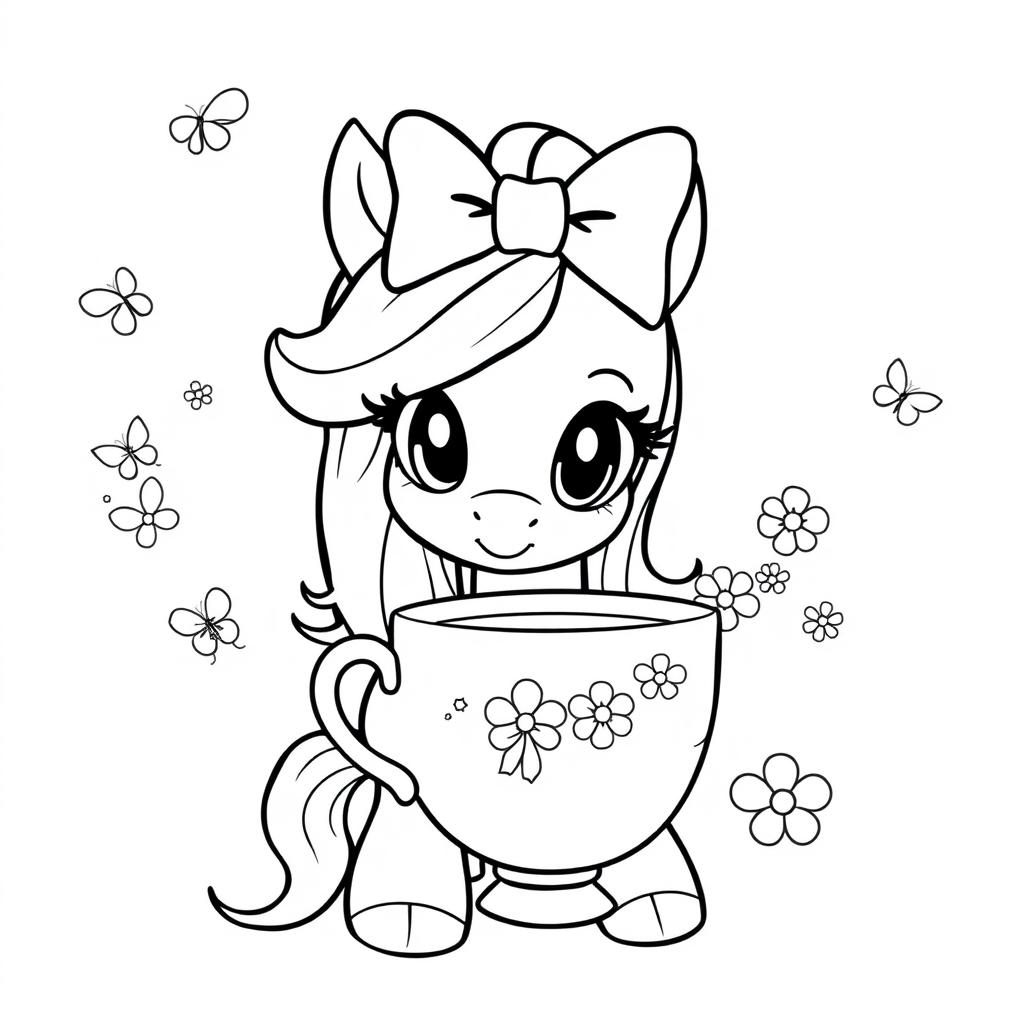 A cute, cartoon-style pony holding a cup of tea, wearing a big bow on its head, designed for coloring pages