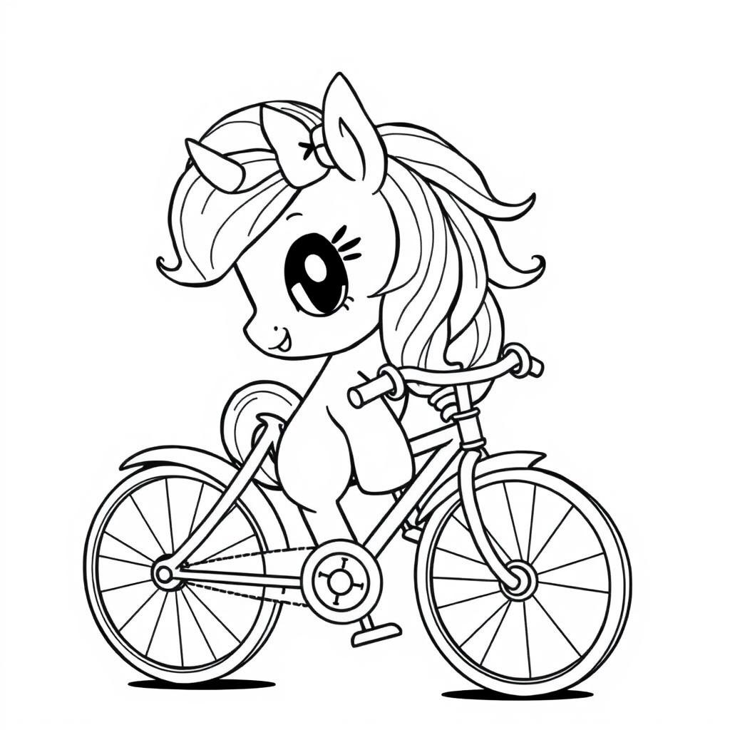 A cute pony riding a bicycle, wearing a large bow on its head