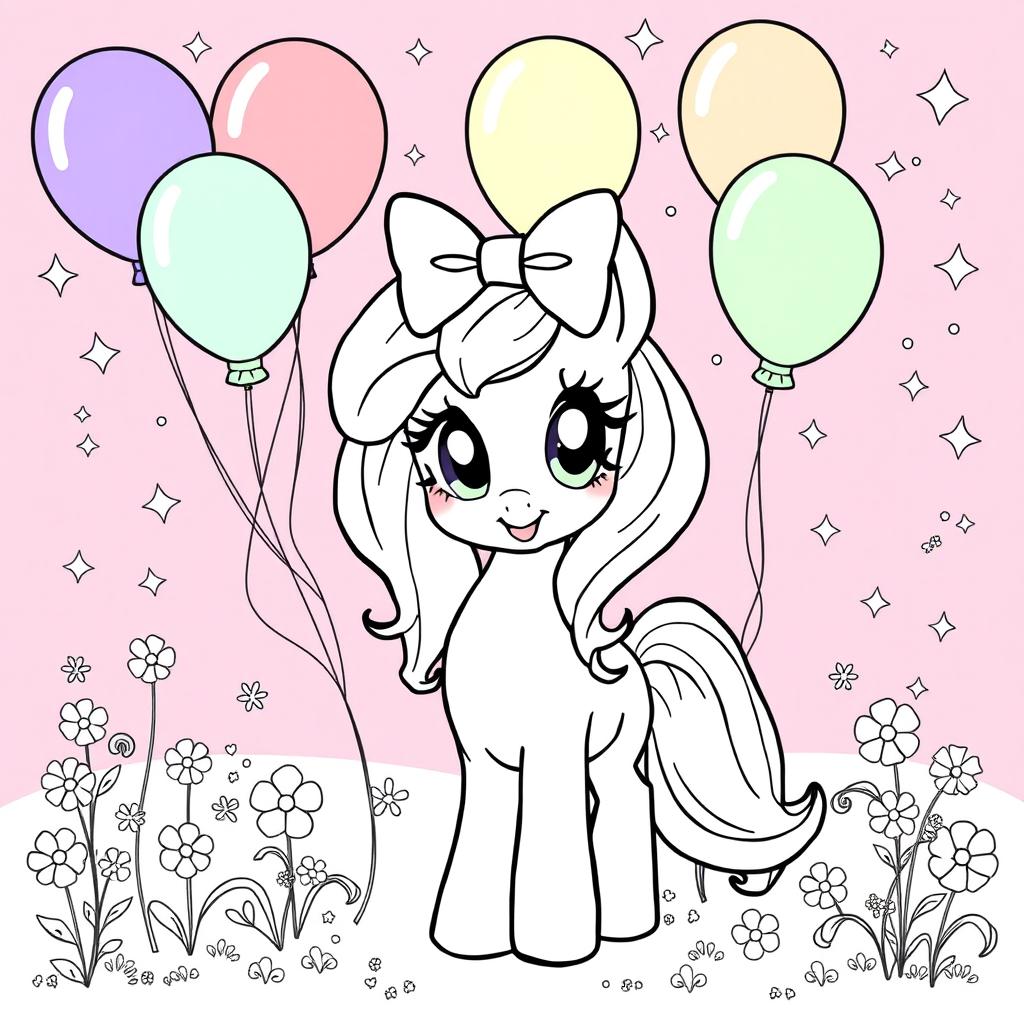 A whimsical pony with a big bow on its head, surrounded by colorful balloons, designed for a coloring page