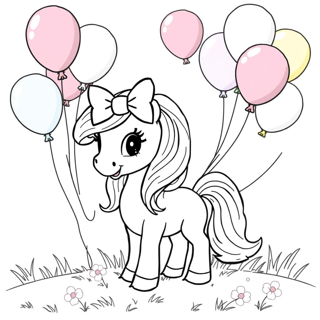 A cute pony with a big bow on its head, surrounded by colorful balloons