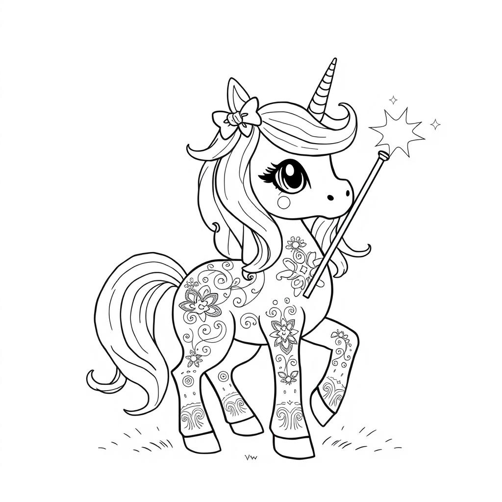 A beautiful unicorn pony with a sparkling magical wand, adorned with a cute bow on its head