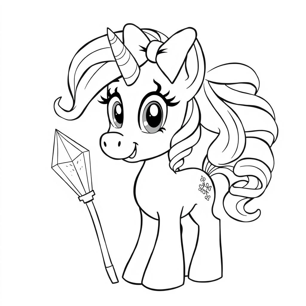 A cartoon pony with a sparkling crystal stick in its hoof, adorned with a large bow on its head