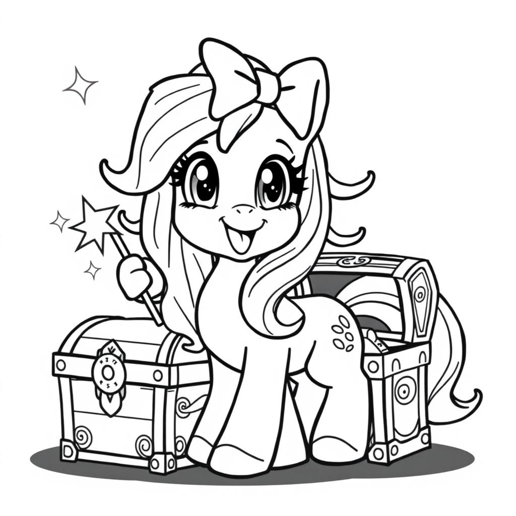 A cute cartoon pony with a treasure chest beside it, holding a magic wand in one hand and wearing a big bow on its head
