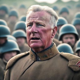 A close-up of a battle-hardened general, exhibiting resilience and determination, as he delivers a passionate speech to his soldiers prior to a decisive battle. His face pulses with vigor and resolve, successfully inspiring the troops.