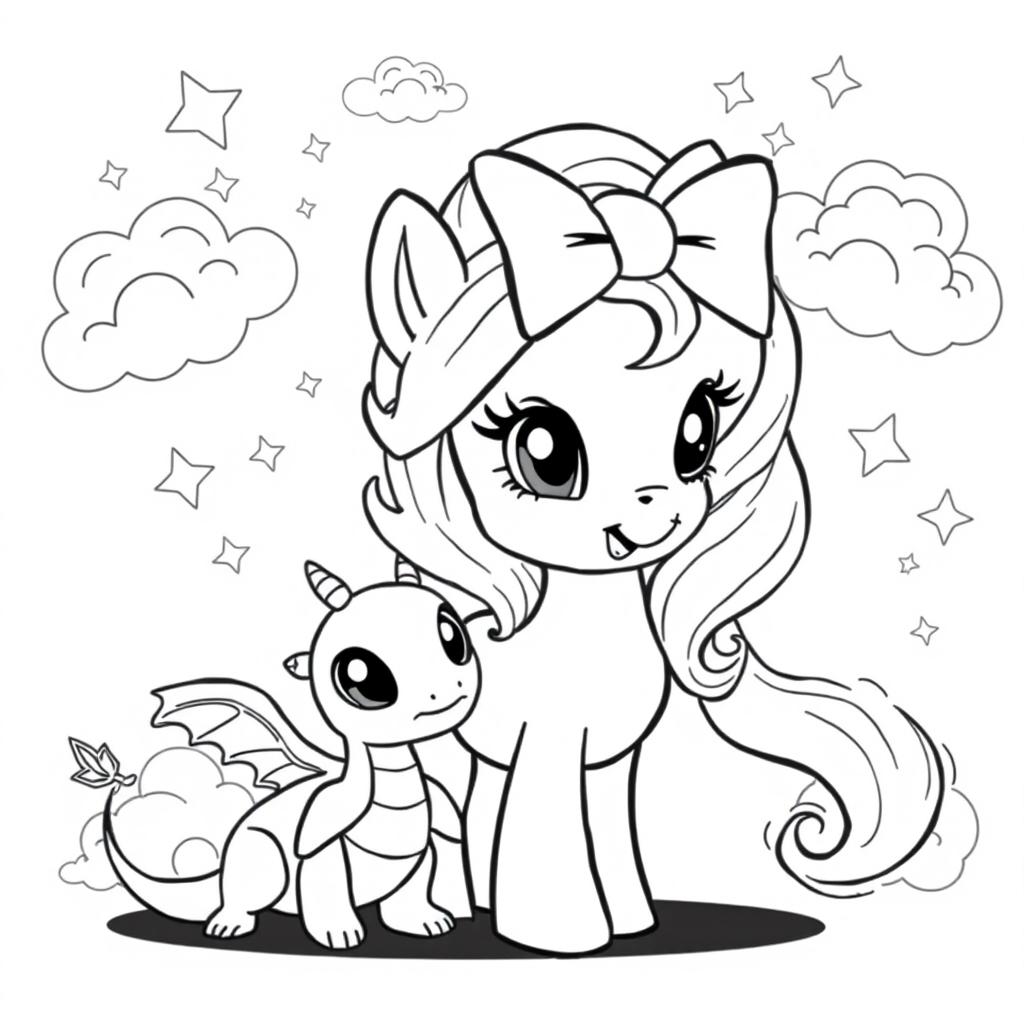 A black and white illustration of a cute pony with a large bow on its head