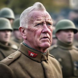 A close-up of a battle-hardened general, exhibiting resilience and determination, as he delivers a passionate speech to his soldiers prior to a decisive battle. His face pulses with vigor and resolve, successfully inspiring the troops.