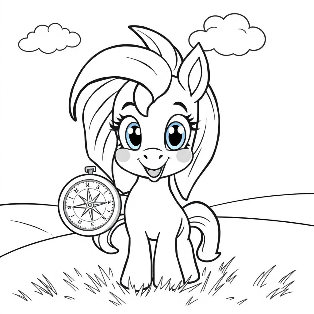 A whimsical illustration of a cartoon pony holding a compass