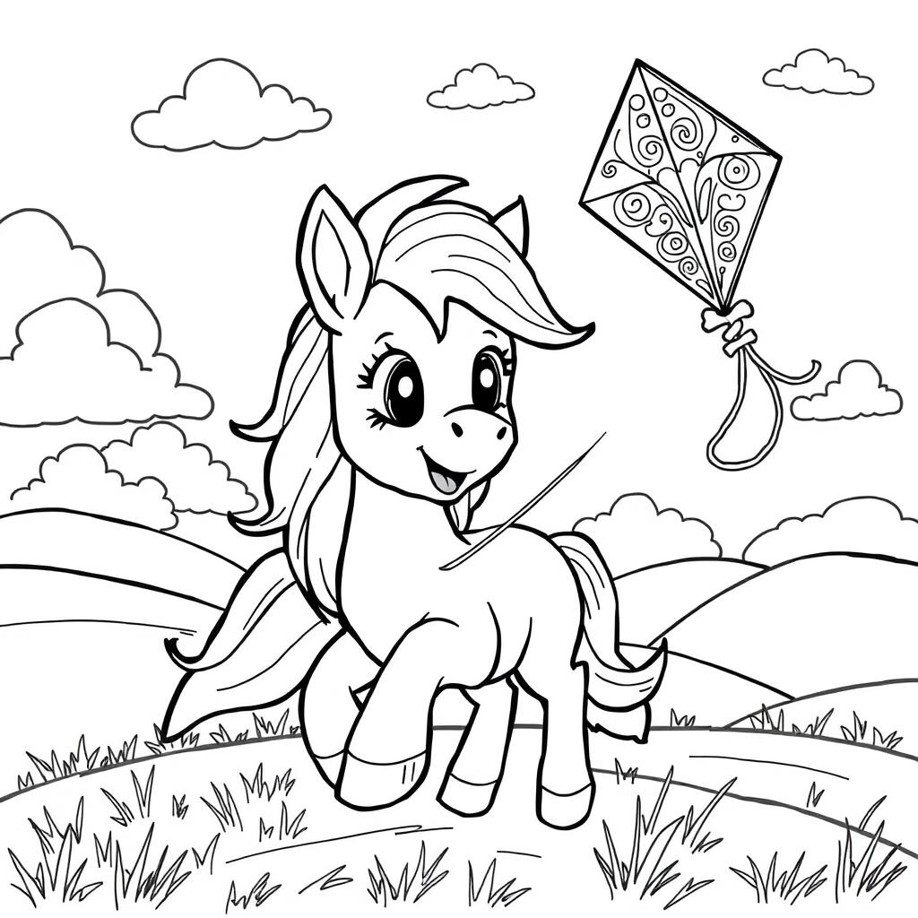 A black and white illustration of a cute pony flying a colorful kite in a whimsical landscape