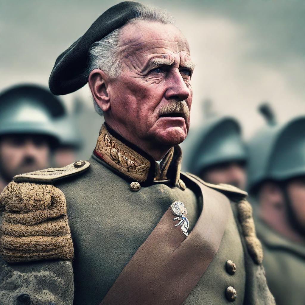 A close-up of a battle-hardened general, exhibiting resilience and determination, as he delivers a passionate speech to his soldiers prior to a decisive battle. His face pulses with vigor and resolve, successfully inspiring the troops.