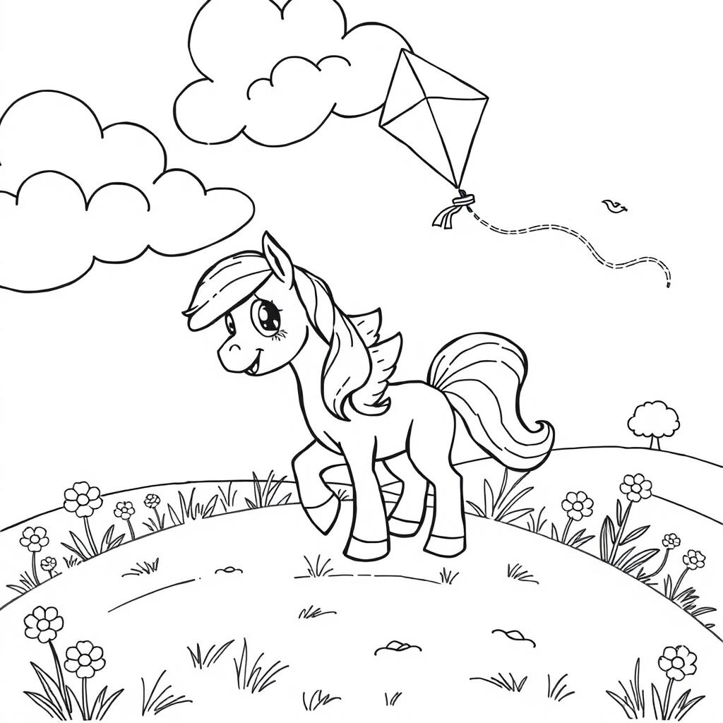 A whimsical black and white illustration of a pony joyfully flying a kite