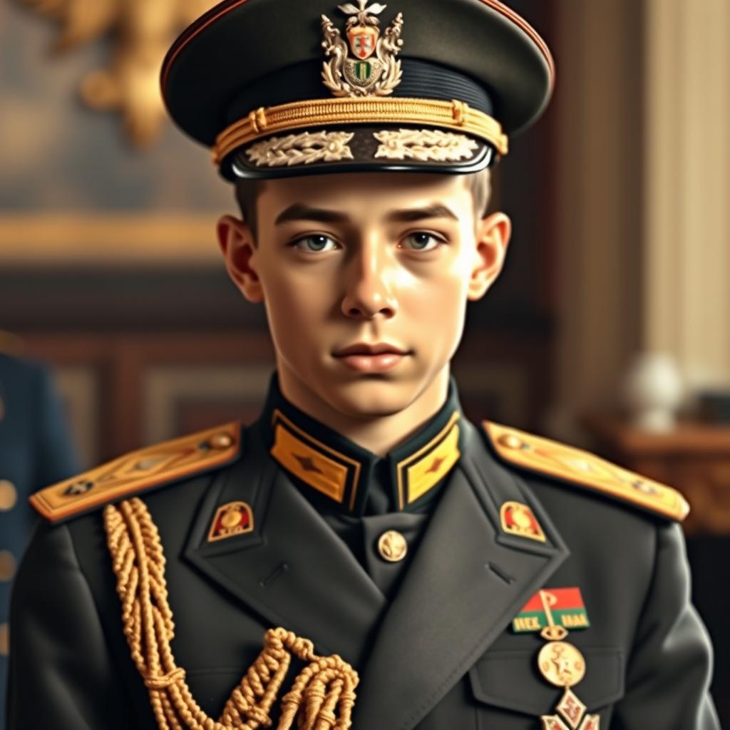 A youthful and dignified military general with a commanding presence, wearing a detailed and ornate uniform complete with a matching military hat